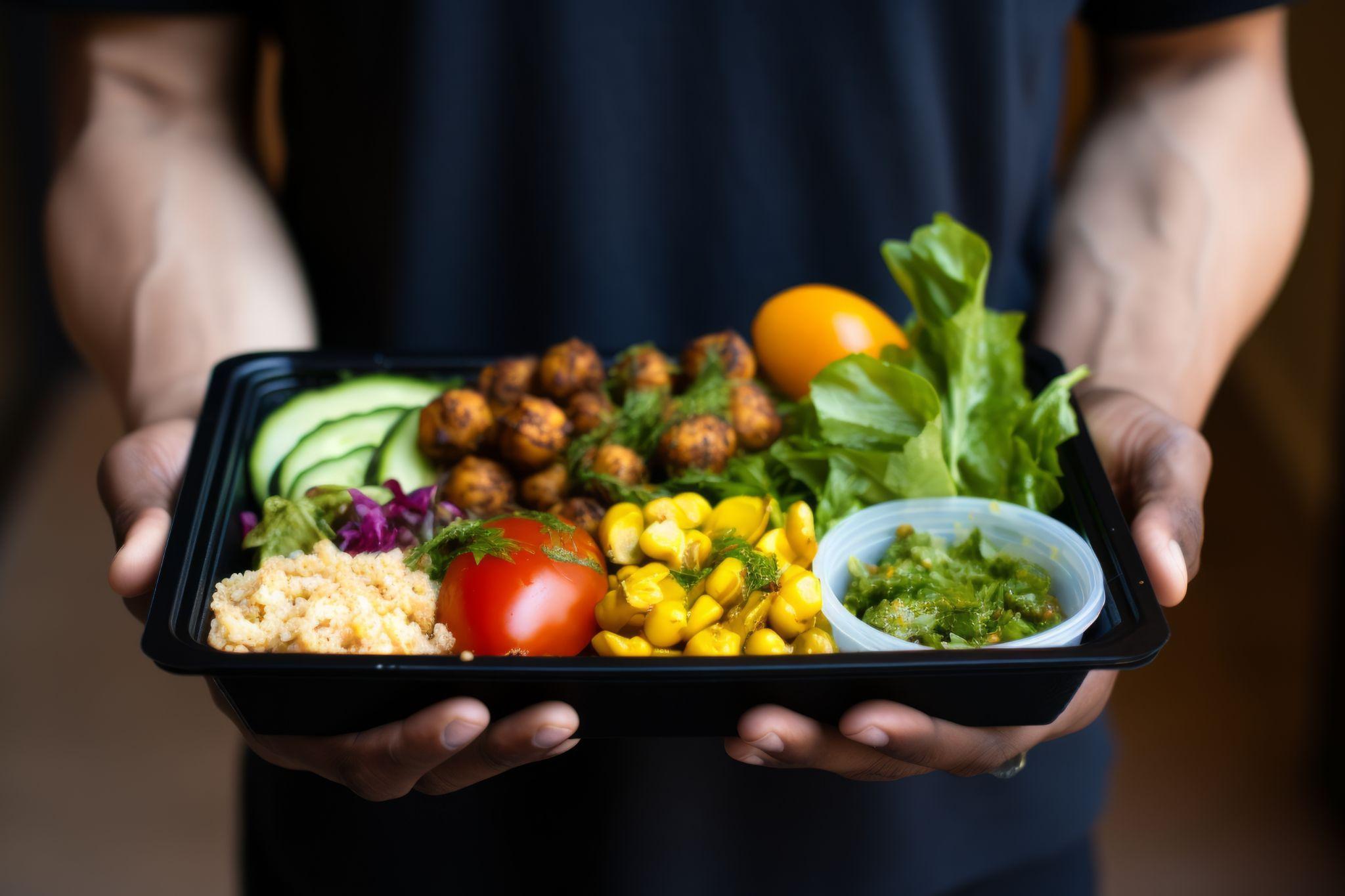 A meal on a platter with leafy green vegetables, corn, nuts, tomatoes, egg, and some avocados.
